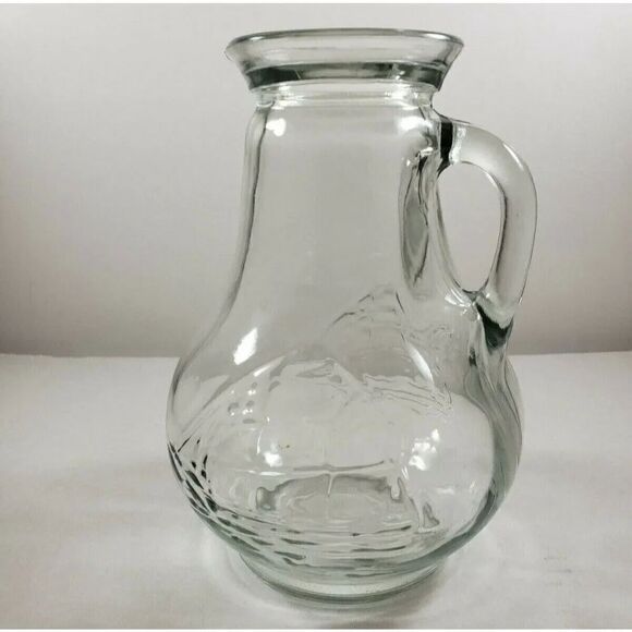 Unknown Other - Vintage 70s Clipper Ship Sailboat Clear Glass 7" Pitcher Boating Nautical Preppy